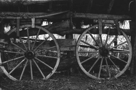 Iconographie - Roues utilisées comme parois, à la ferme des Fornées 