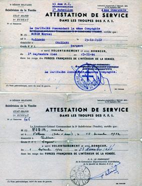 Iconographie - Attestation de service dans les troupes des F.F.I. de Marcel Robin