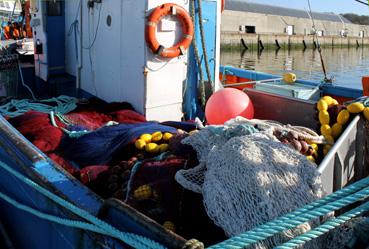 Iconographie - Filets de pêche à bord d'un bateau au port