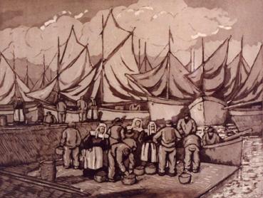 Iconographie - Des marins devant les thoniers, Tableau de Pierre de Belay (1890-1947)