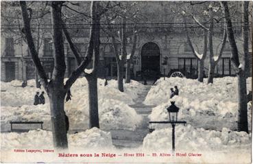 Iconographie - Béziers sous la neige - Hiver 1914 - Allée - Hôtel Glacier