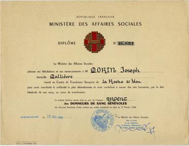 Iconographie - Diplôme des Donneurs de sang bénévoles