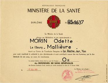 Iconographie - Diplôme des Donneurs de sang bénévoles