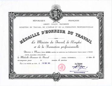 Iconographie - Diplôme Médaille d'honneur du travail