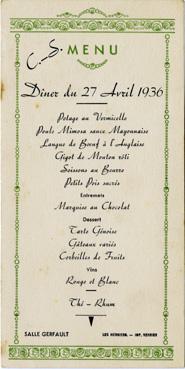 Iconographie - Menu du dîner, salle Gerfault