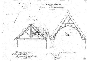 Iconographie - Plan de l'église daté du 6 juin 1814 - Coupe en travers sur la chapelle