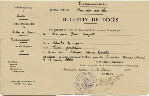 Manuscrit - Bulletin de décès de Pierre Auguste Tougeron