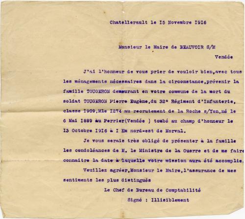 Manuscrit - Lettre de la mort de Pierre Eugène Tougeron