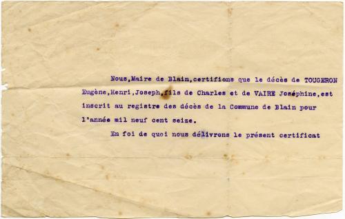 Manuscrit - Certificat de décès de Eugène, Henri, Joseph Tougeron