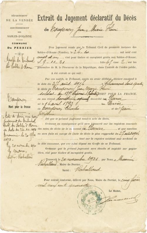 Manuscrit - Extrait du jugement déclaratif du décès de Tougeron Jean-Marie Henri