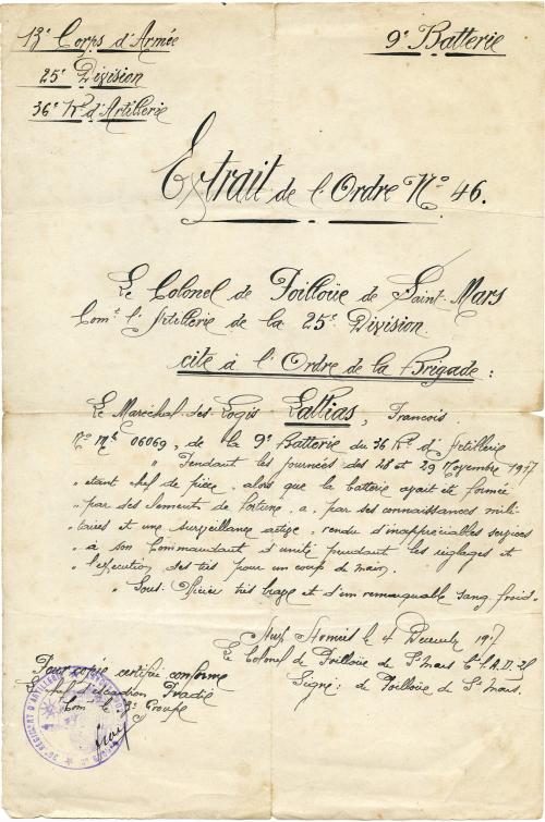Manuscrit - Extrait d'ordre No 46 du 36e régiment d'Infanterie