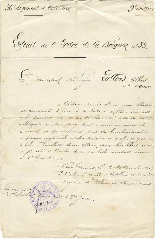 Manuscrit - Extrait de l'ordre de la brigade no 33 - 36e régiment d'Infanterie