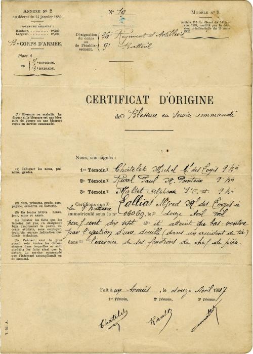 Manuscrit - Certificat d'origine de blessures - 36e régiment d'Artillerie