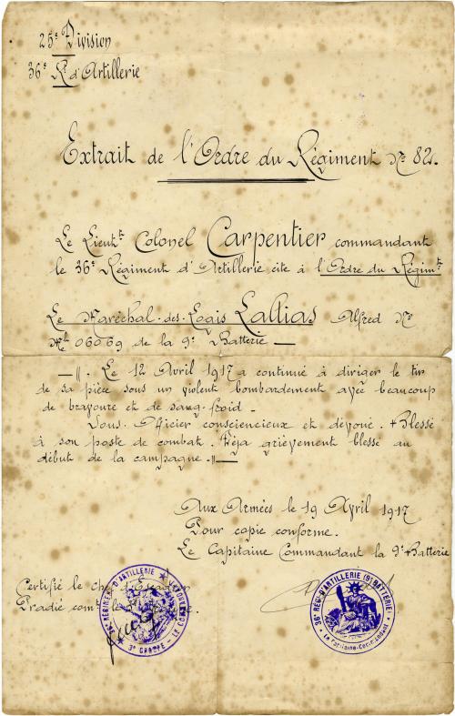 Manuscrit - Extrait d'ordre du régiment no 82
