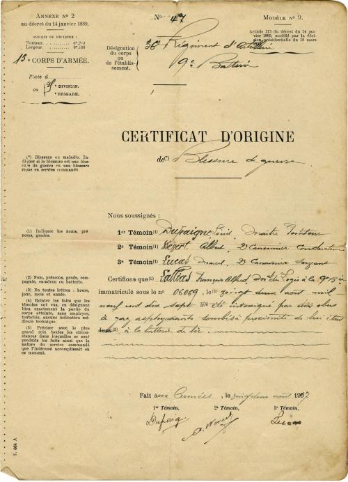 Manuscrit - Certificat d'origine de blessures - 36e régiment d'Artillerie