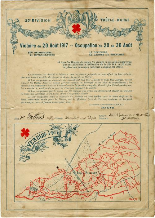 Manuscrit - victoire du 20 août 1917 - 36e régient d'artillerie