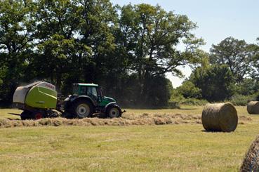 Iconographie - Fenaison avec une presse à balles rondes par Sébastien Shwab, agriculteur biologique