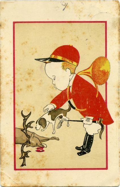 Iconographie - Petit sonneur avec un chien tenant un fouet devant un cerf mort