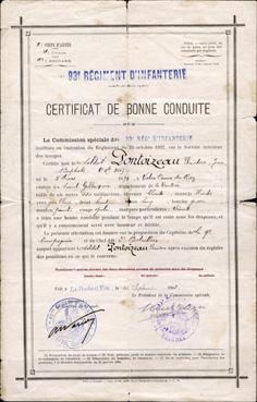 Iconographie - Certificat de bonne conduite de Théodore Pontoizeau