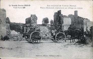 Iconographie - Pièce allemande traversant un village en ruines