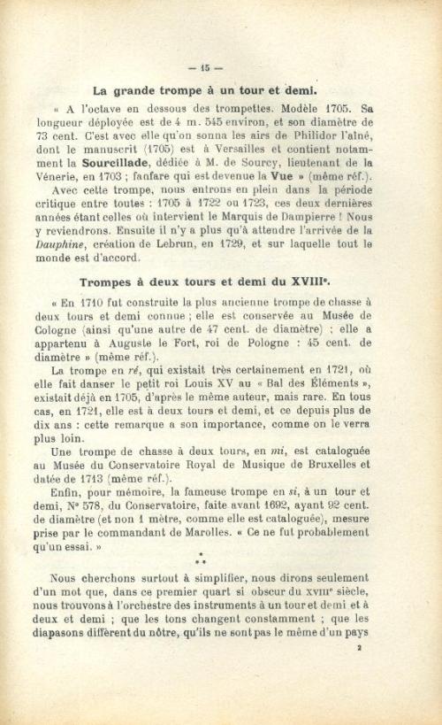 Partition - Histoire abrégée de la trompe de chasse - Description - Fabrication - Choisx d'un instrument 4/13 - La grande trompe à un tour et demi - Trompes à deux tours et demi du XVIIIe 