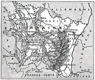 Iconographie - Carte de Lorraine et des Vosges avec frontière de 1870