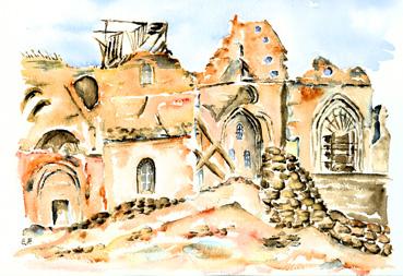 Iconographie - Ruines de l'église, aquarelle d'Elisabeth François