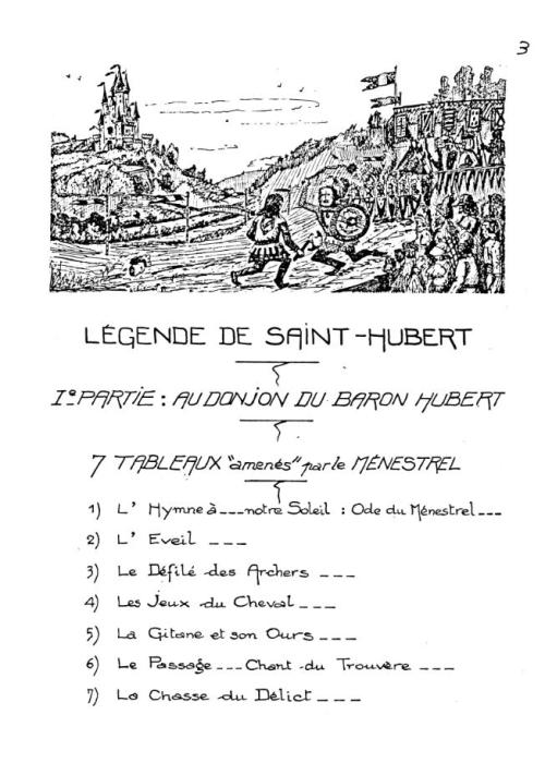 Partition - Légende de Saint-Hubert - 1ère partie -  Au donjon du Baron Hubert - Sommaire des 7 tableaux amenés par le ménestrel 