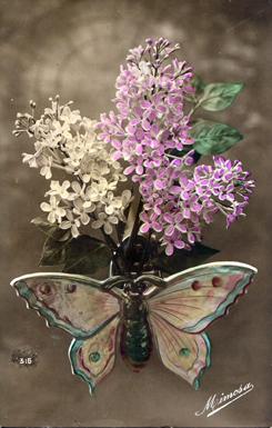 Iconographie - Papillon sur un bouquet de fleurs de lilas