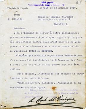 Iconographie - Lettre de l'Ambassade espagnole à Eugène Charrier