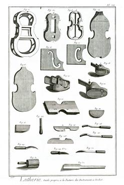Iconographie - Lutherie, outils propres à la facture des instruments à archet, tiré de l'Encyclopédie, de Diderot et d'Alembert