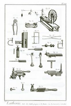 Iconographie - Lutherie, outils propres à la facture des instruments à archet, tiré de l'Encyclopédie, de Diderot et d'Alembert