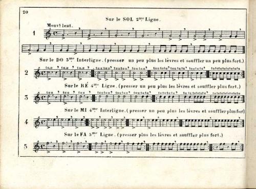 Partition - Principes de musique 13 sur 19 - Exercices pour apprendre à frapper les sons - N°1 sur le Sol 2e ligne - N°2 sur le Do 3e interligne - N°3 sur le Ré - N°4 sur le Mi - N°5 sur le Fa