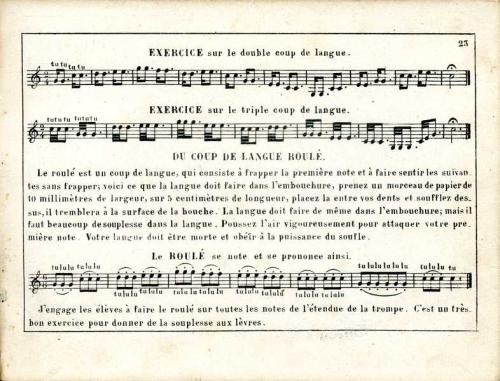 Partition - Principes de musique 16 sur 19 - Exercices sur le double coup de langue - Exercices sur le triple coup de langue - Du coup de langue roulé - Le roulé se note et se prononce ainsi