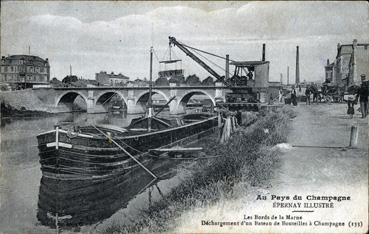 Iconographie - Les bords de la Marne - Déchargement d'un bateau de bouteilles de champagne