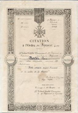 Iconographie - Citation à l'ordre du régiment 19e d'Infanterie