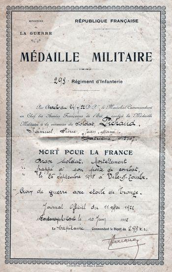 Iconographie - Diplôme médaille militaire de Pierre Pichaud
