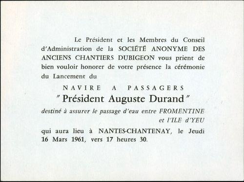 Iconographie - Carton d'invitation à l'nauguration du Président Auguste Durand