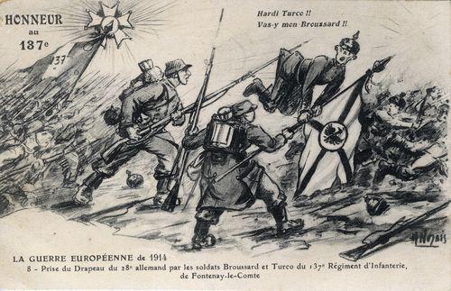Iconographie - Prise du drapeau du 28 R allemand par les soldats du 137e RI 1914