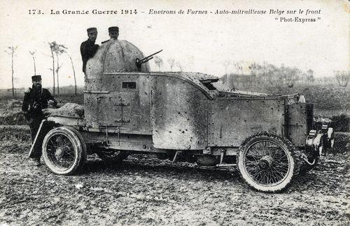 Iconographie - Environs de Furnes - Auto-mitrailleuse belge sur le front