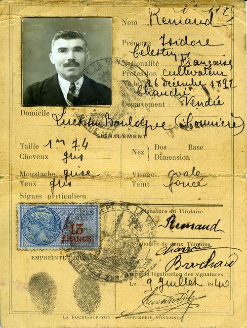 Iconographie - Carte d'identité d'Isidore Remaud du 9 juillet 1940