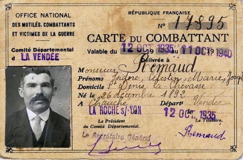 Iconographie - Carte de combattant d'Isidore Remaud