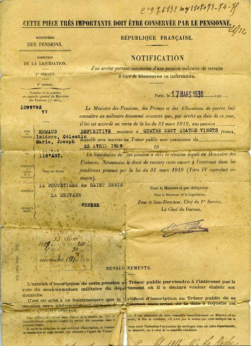 Iconographie - Notification de pension définitive à Isidore Remaud le 17 mars 1930 pour blessures de guerre