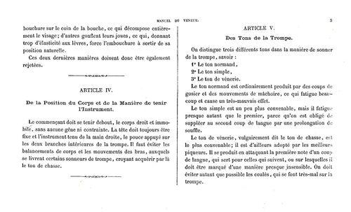 Partition - Manuel du Veneur - 3sur6 - Article IV - De la position du corps - Article V - Des tons de la Trompe 1sur3