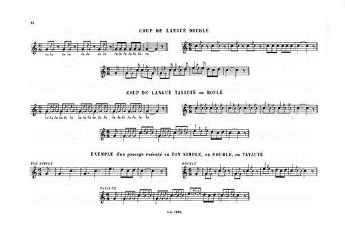 Partition - Principes de musique pour la trompe de chasse - 7sur7 - Coup de langue doublé - Coup de languen tayauté ou roulé - Exemple d'un passage exécuté en ton simple, en doublé, en tayauté