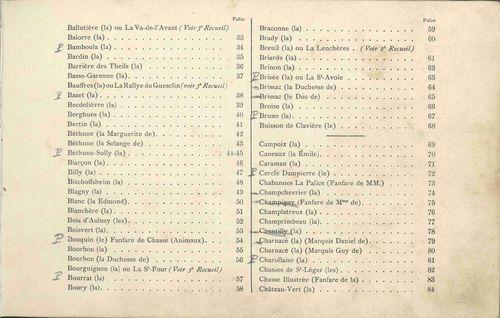 Partition - Index alphabétique des fanfares contenues dans ce recueil-1e partie-Fanfares de Maîtres et d'Équipages, fanfares diverses harmonisées en trio--2sur3