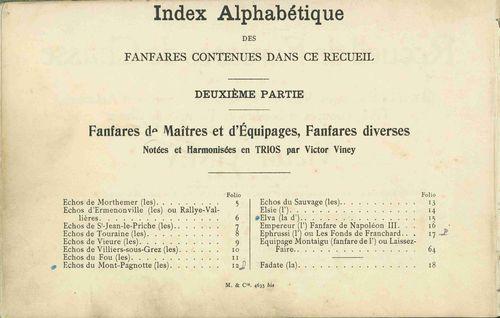 Partition - Index alphabétique - Deuxième partie - Fanfares de Maîtres et d'Équipages, Fanfares diverses notées et harmonisées en trios par Victor Viney - 1sur3
