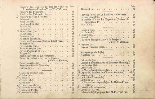 Partition - Index alphabétique - Deuxième partie - Fanfares de Maîtres et d'Équipages, Fanfares diverses notées et harmonisées en trios par Victor Viney - 2sur3