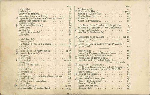 Partition - Index alphabétique - Deuxième partie - Fanfares de Maîtres et d'Équipages, Fanfares diverses notées et harmonisées en trios par Victor Viney - 3sur3