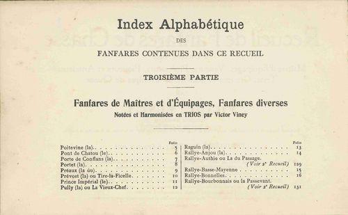 Partition - Index alphabétique des fanfares contenues dans ce recueil - Troisième partie - Fanfares de Maîtres et d'Équipages, Fanfares diverses - 1 sur 3